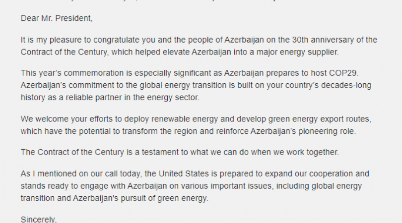 Antony Blinken congratulates people of Azerbaijan on 30th anniversary of Contract of the Century Xeber basligi
